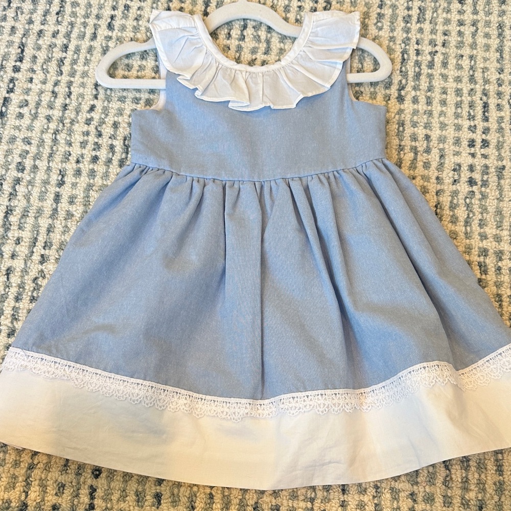 Classic Blue and White Ruffle Collar Girls' Dress